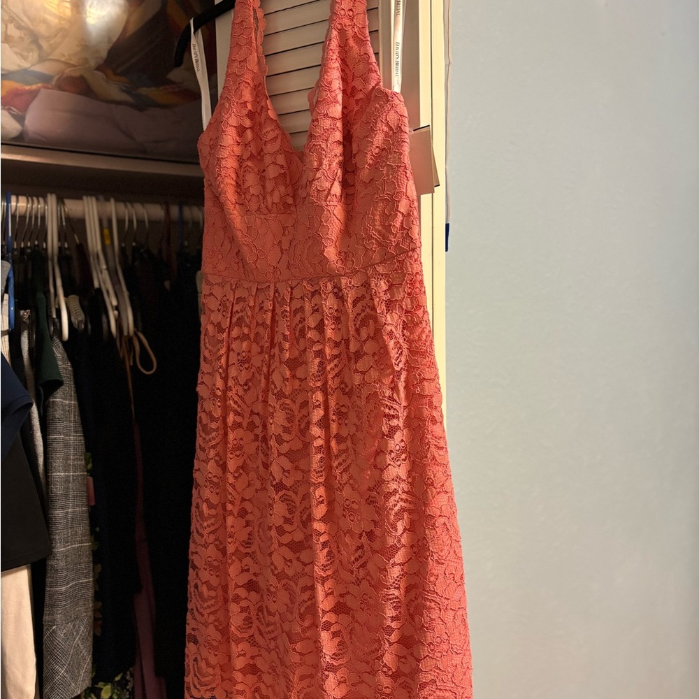 David's Bridal Coral Parfait Lace Halter Dress
